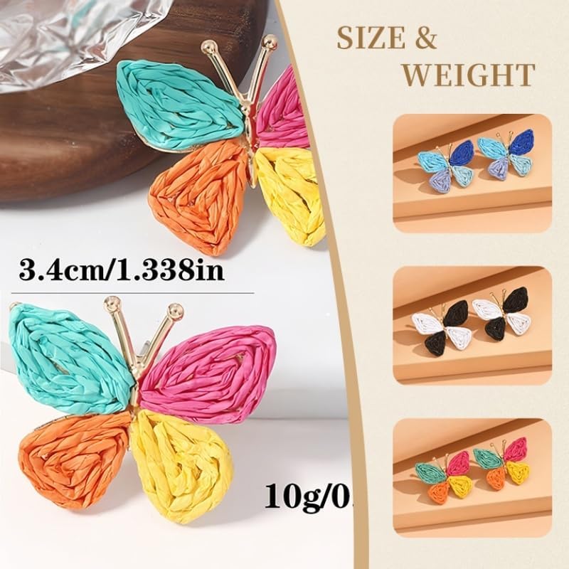 Butterfly Drop Earrings Boho Raffia Rattan Dangle Earrings Bohemian Statement Earrings for Women Cute Summer Beach Vacation Jewelry Gift