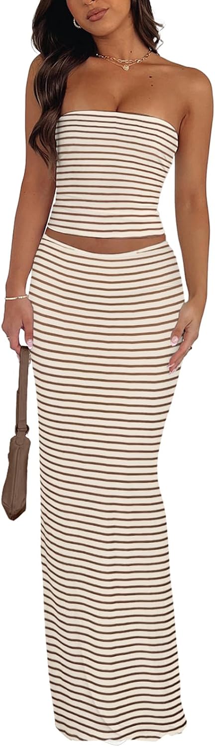 Goafuliy 2 Piece Skirt Sets for Women Summer, Floral Sleeveless Tube Top Bodycon Maxi Skirts Y2k Vacation Going Out Outfits