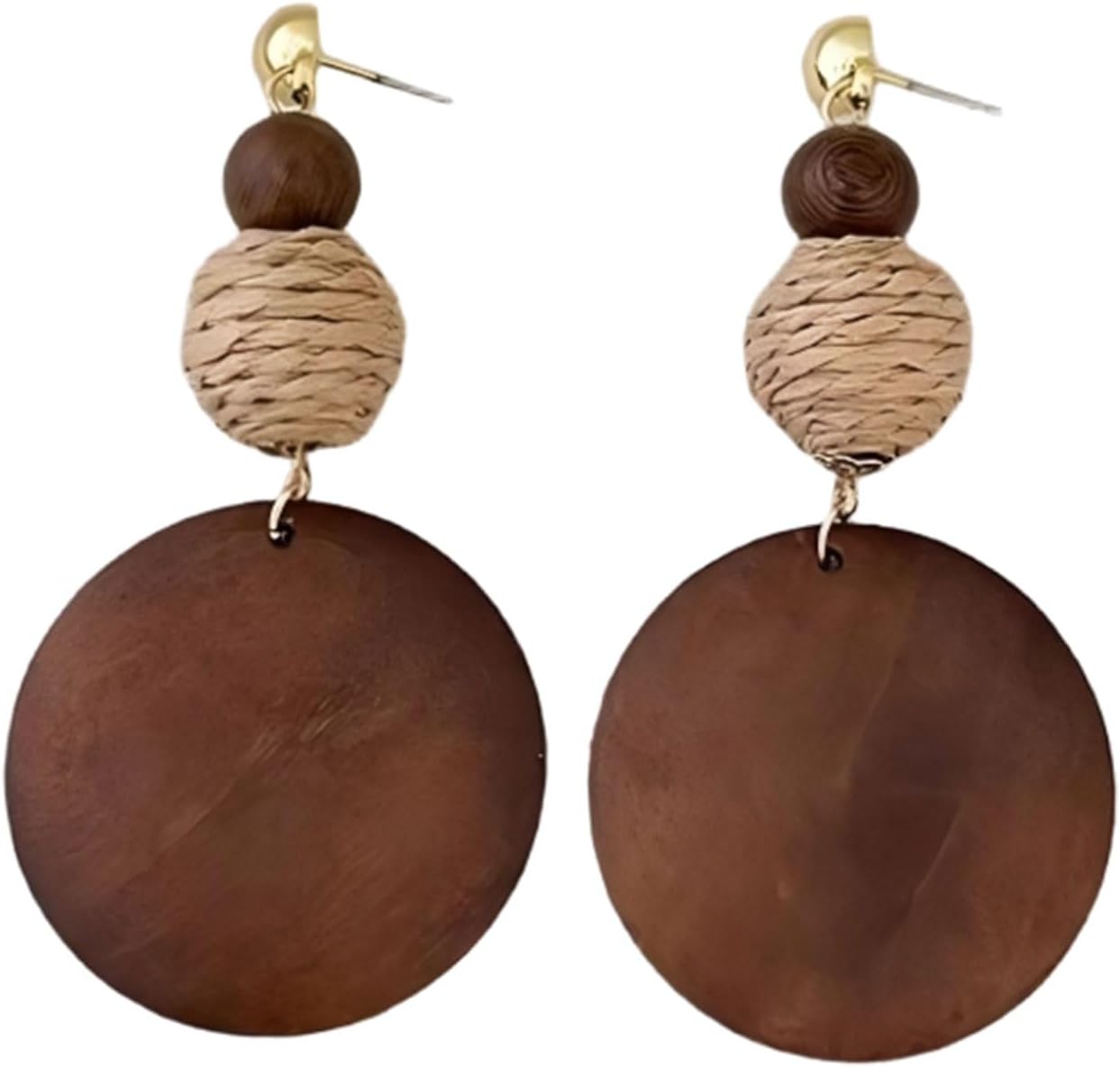 Brown Wooden Boho Dangle Earrings for Women, African Earrings | Lightweight Wooden Statement Earrings with Raffia Accents and African Boho Style for Summer Vacation and Everyday Wear