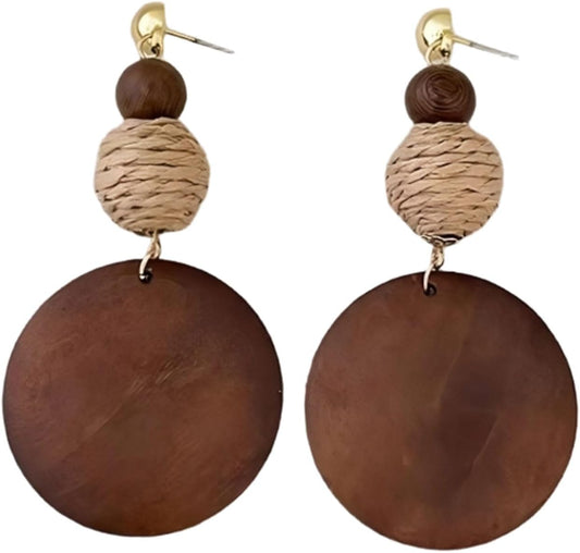 Brown Wooden Boho Dangle Earrings for Women, African Earrings | Lightweight Wooden Statement Earrings with Raffia Accents and African Boho Style for Summer Vacation and Everyday Wear