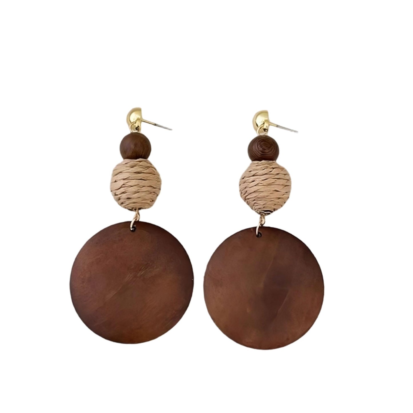 Brown Wooden Boho Dangle Earrings for Women, African Earrings | Lightweight Wooden Statement Earrings with Raffia Accents and African Boho Style for Summer Vacation and Everyday Wear