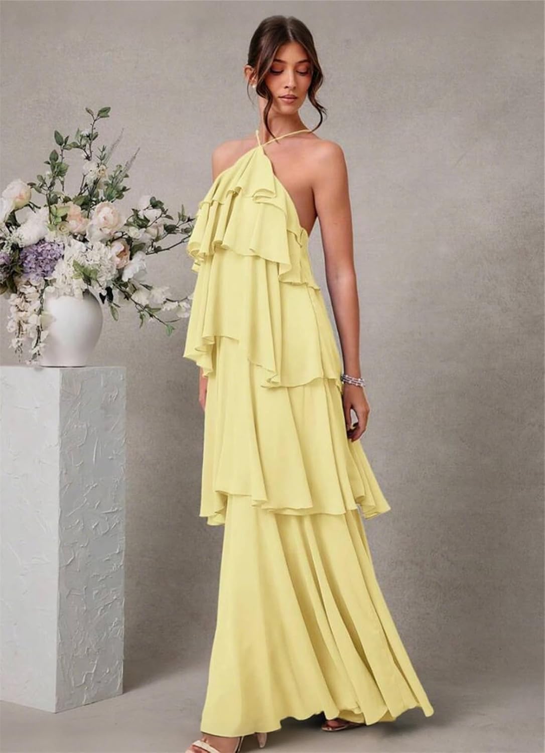 Chiffon Halter Bridesmaid Dresses for Women A Line Tiered Ruffle Long Formal Evening Gown