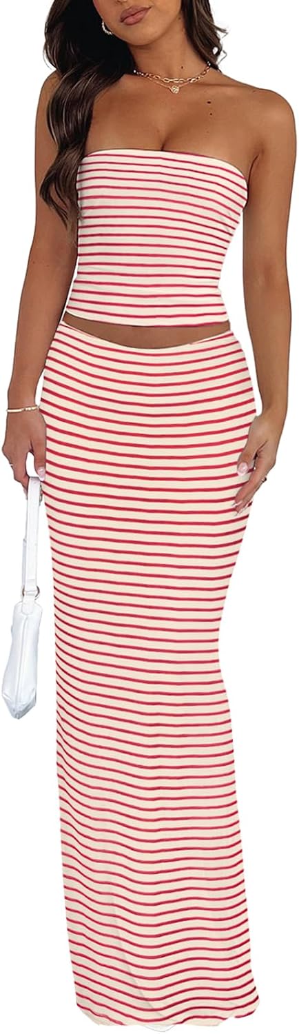 Goafuliy 2 Piece Skirt Sets for Women Summer, Floral Sleeveless Tube Top Bodycon Maxi Skirts Y2k Vacation Going Out Outfits