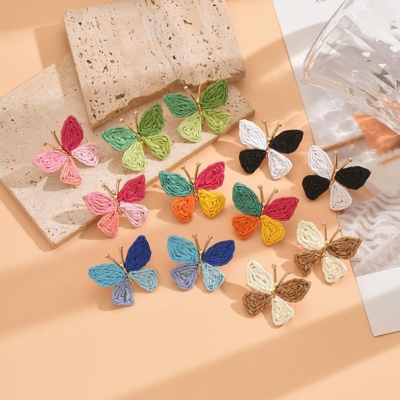 Butterfly Drop Earrings Boho Raffia Rattan Dangle Earrings Bohemian Statement Earrings for Women Cute Summer Beach Vacation Jewelry Gift