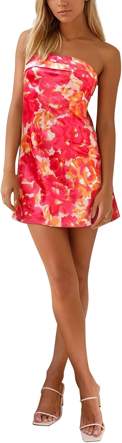 Women's Sexy Tube Dress Summer Y2K Floral Print Strapless Bodycon Mini Dress Date Night Party Club Bandeau Short Dresses