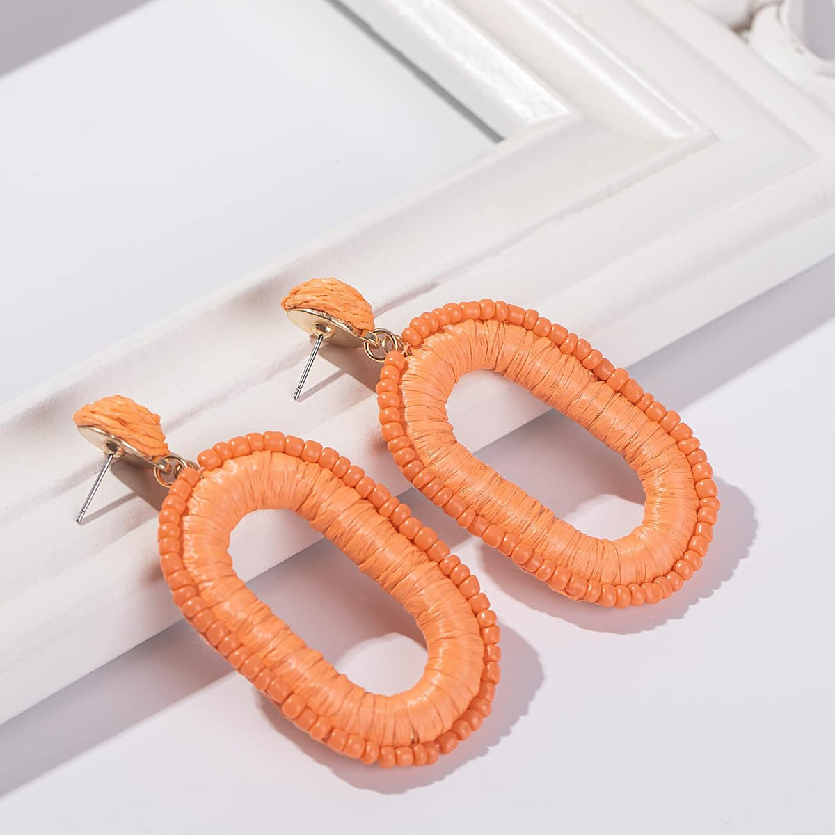 Boho Beaded Raffia Drop Earrings Statement Fun Square Dangle Summer Jewelry | Handmade Colorful Bead Chunky Accessories Big Geometric Dangling Vacation Tropical Bohemian Hawaiian Outfits for Women