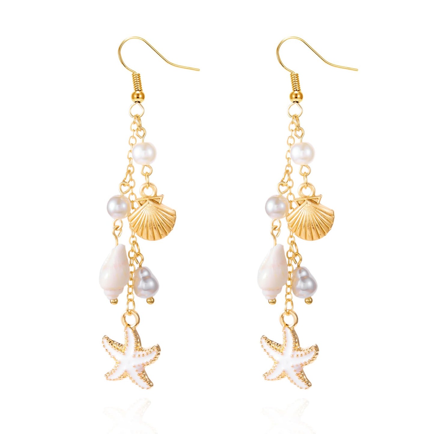Beach Gold Seashell Shell Starfish Drop Dangly Earrings for Women Stylish | Boho Sea Shell Conch Pearl Enamel Star Dangling Beachy Earring, Beach Jewelry Vacation Holiday Accessories for Women Trendy