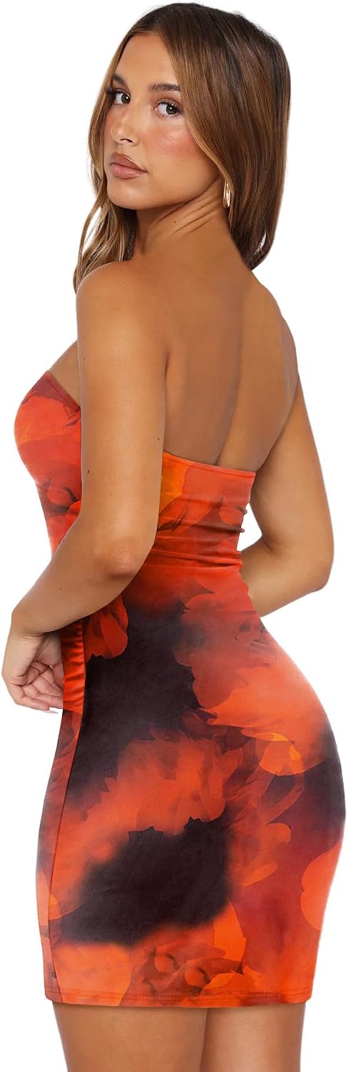 OFEEFAN Summer Dresses for Women 2025 Strapless Ruched Party Club Bodycon Mini Dress