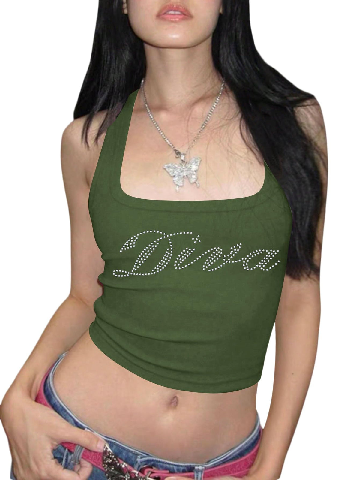 WDIRARA Women's Letter Rhinestone Crop Tank Top Y2k Rib Knit Tops | Racerback Square Neck Sleeveless