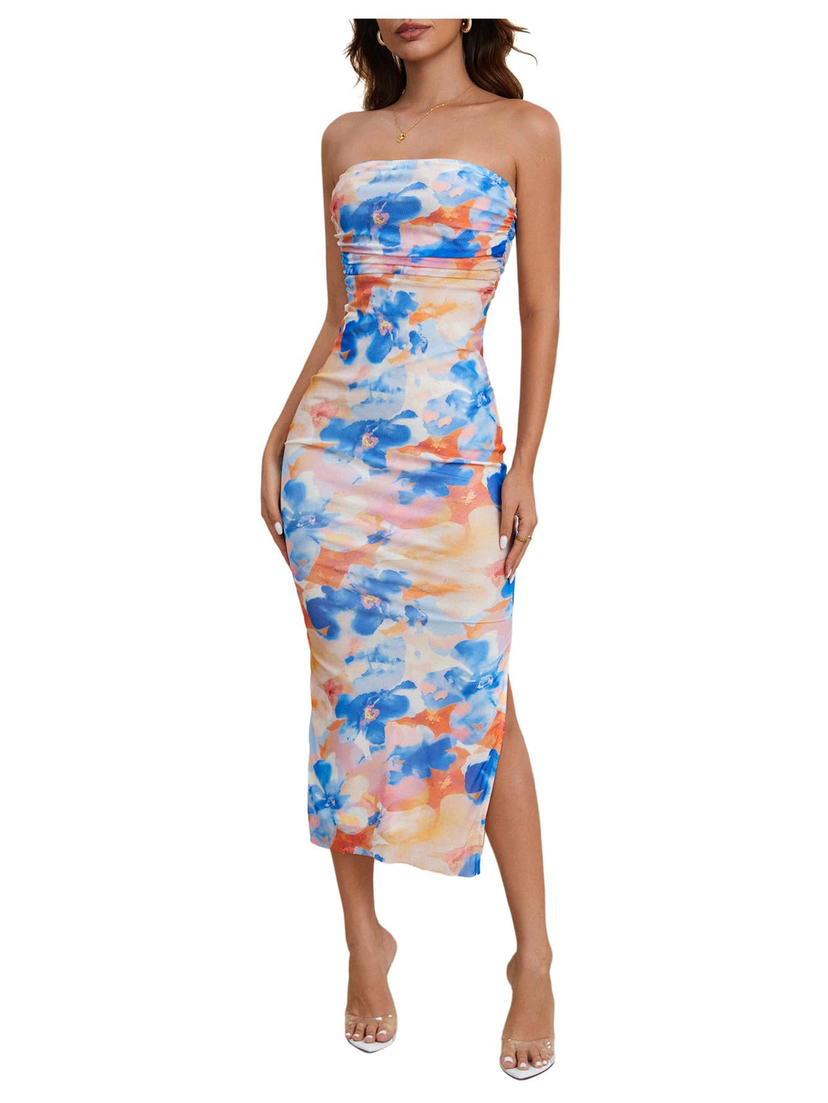 Milumia Women's 2026 Summer Floral Strapeless Tube Top Dresses Side Slit Wedding Guest Bodycon Maxi Dress