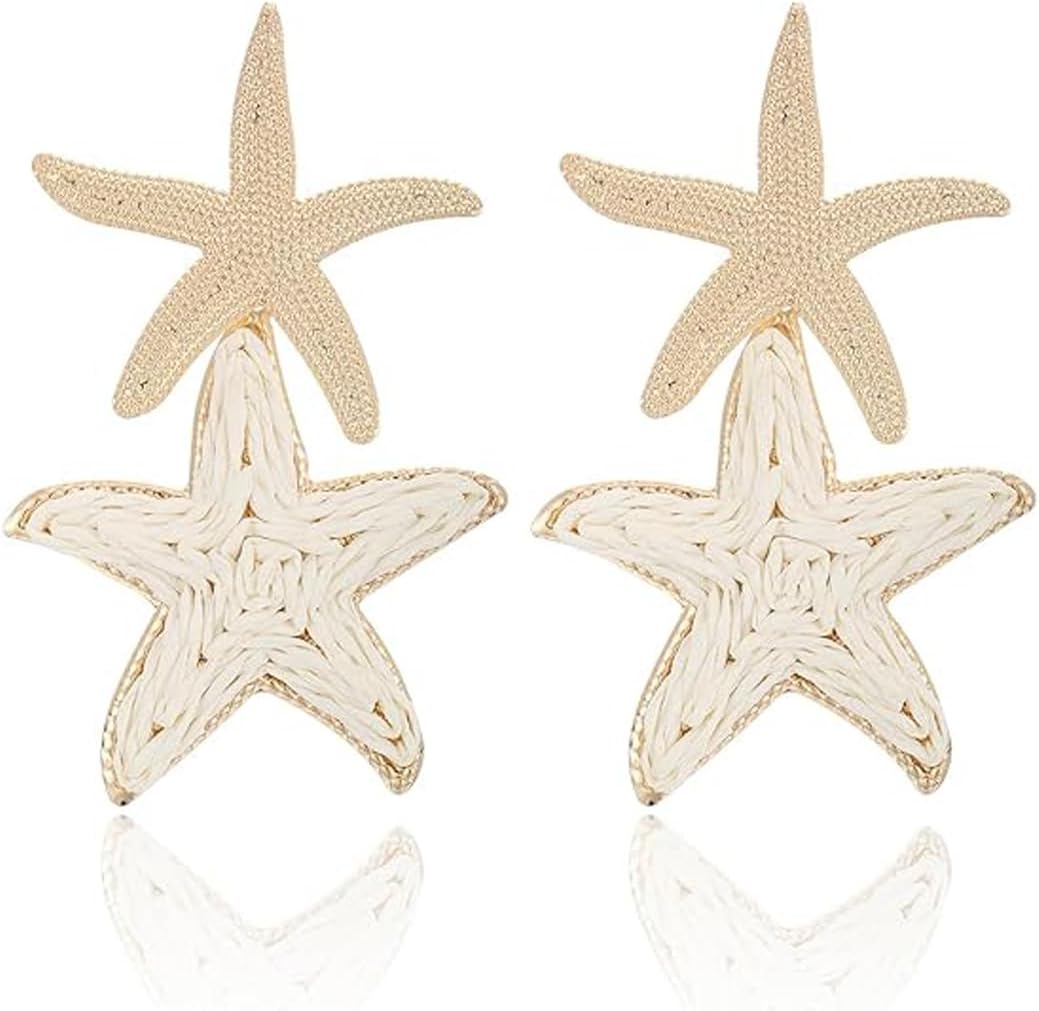 Raffia Starfish Earrings for Women Gold White Starfish Dangle Earrings Raffia Straw Statement Drop Earring Boho Summer Tropical Vacation Earring Beach Jewelry