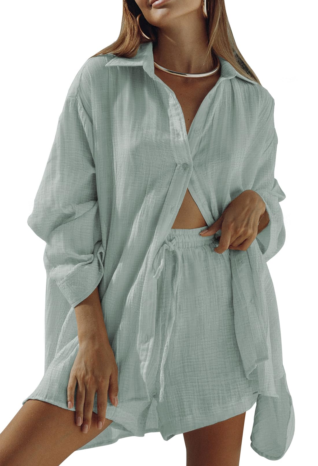 Fixmatti Women 2 Piece Outfits Long Sleeve Button Down Blouse and Shorts Sweatsuit Sets