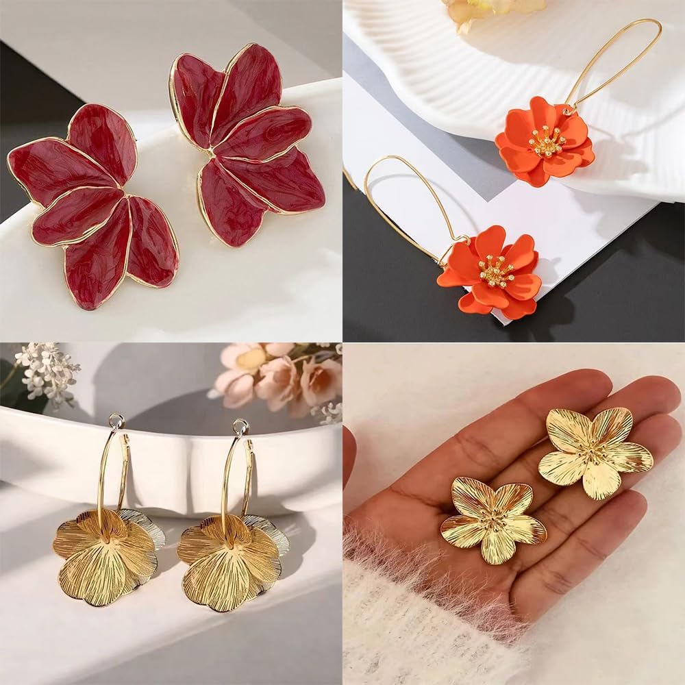 Flower Earrings for Women Summer Spring Beachy Vacation Daisy Statement Gold Earrings Set Tropical Jewelry Gift 4 Pairs