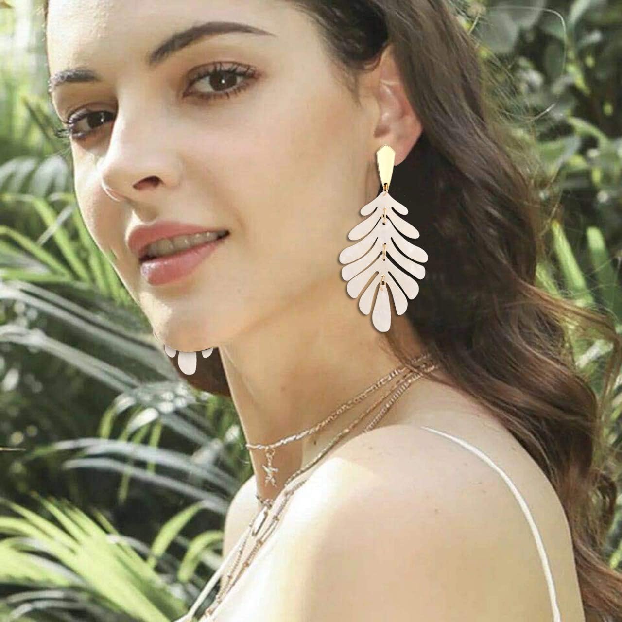Acrylic Pendant necklace Earrings – Long Statement Leaf Charm Necklace Tortoise Resin Palm Leaf Earrings Fashion Necklaces Earrings for Women