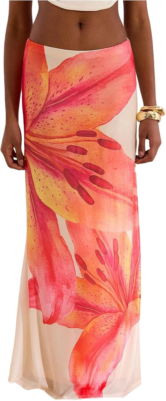MakeMeChic Women's Long Maxi Skirt Beach Sheer Mesh Skirt | Flowy Skirt, Long Skirt, Beach Skirt, Floral Skirt, Brunch Outfits, Date Night Outfits