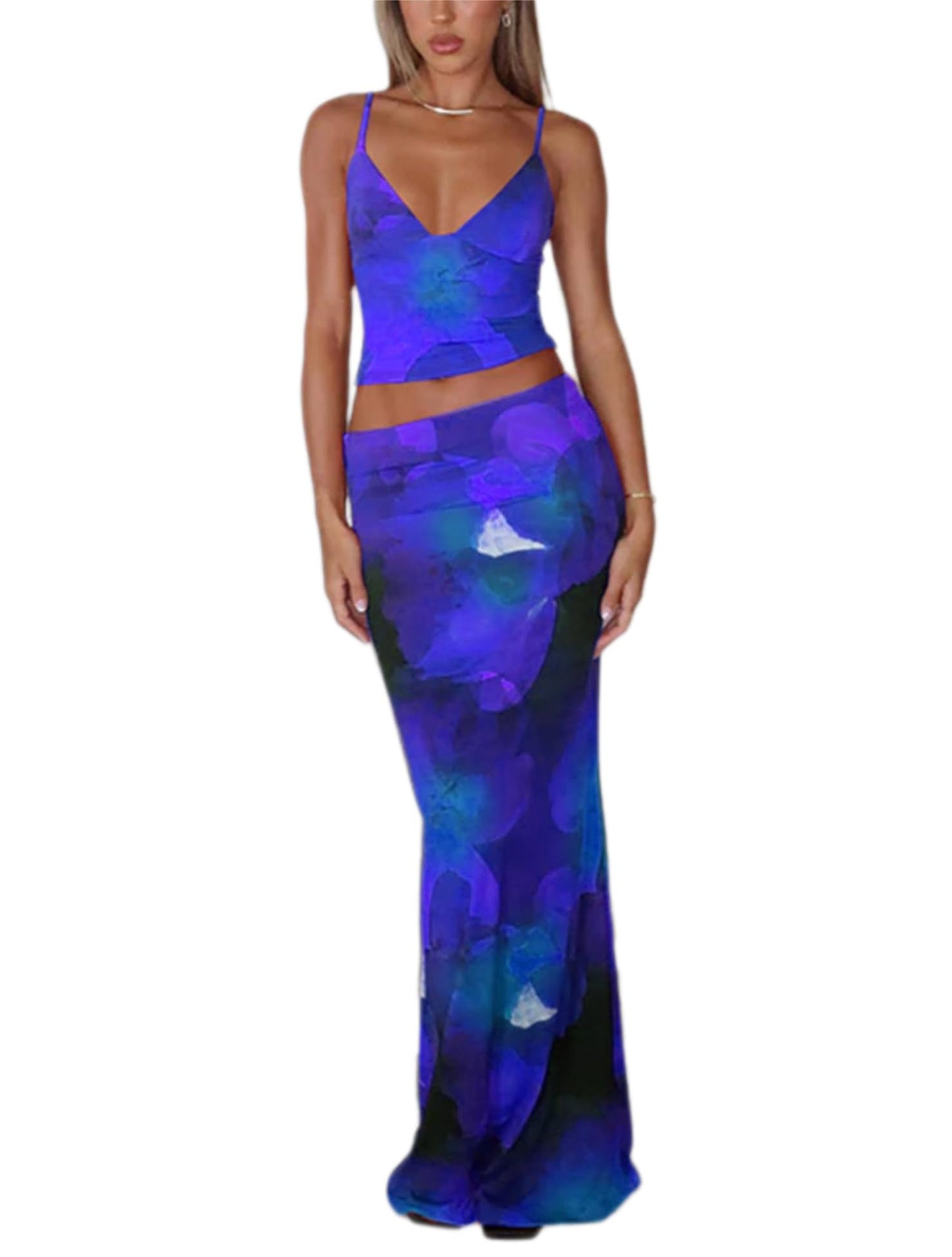 ksotutm Maxi Skirt Set Floral Print Halter Top Maxi Skirt Sexy Going Out Outfits for Women
