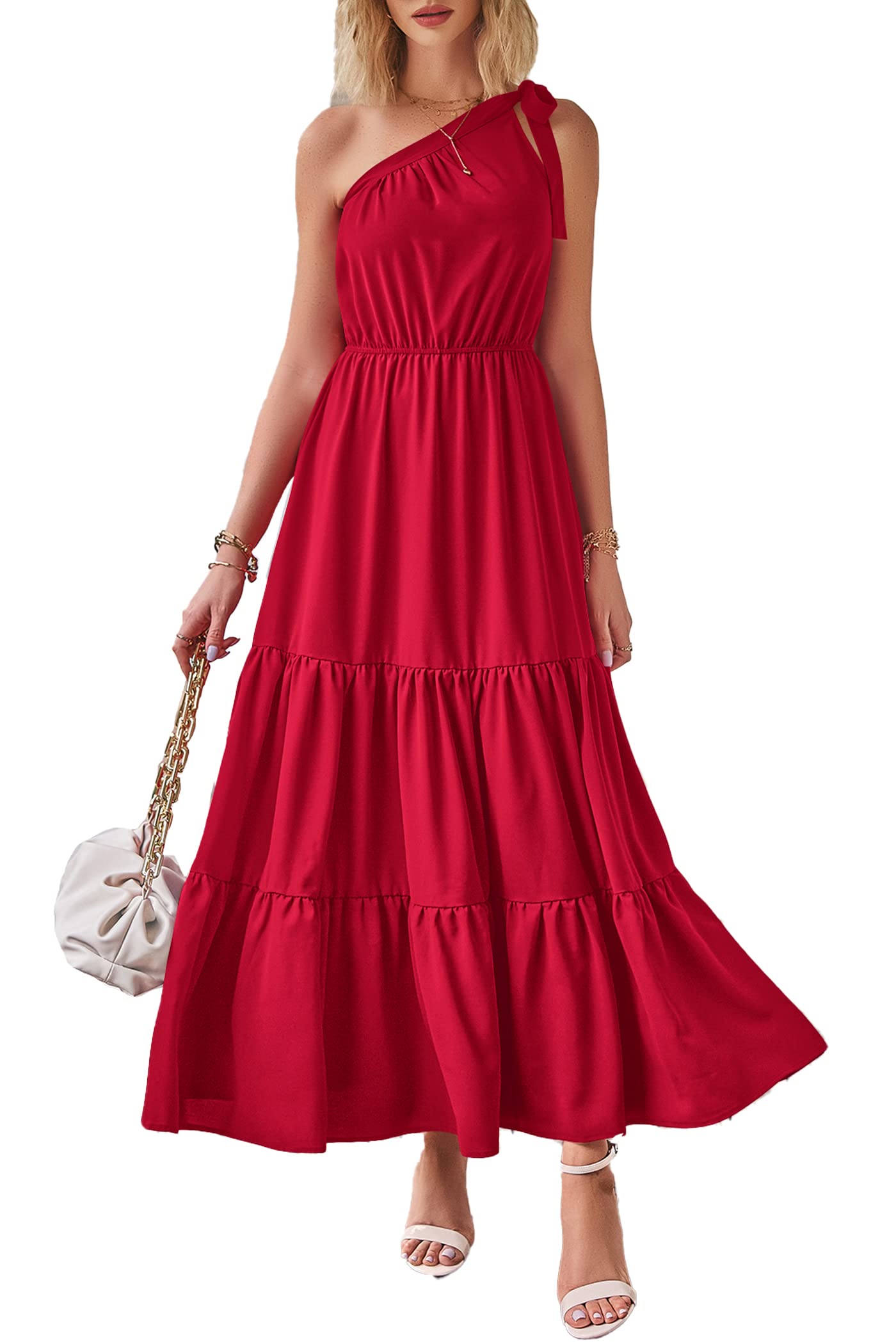 PRETTYGARDEN Women's One Shoulder Boho Floral Maxi Dress | Sleeveless Tiered A Line, Long Flowy Sundress, Tie Knot Summer Vacation Dresses, Spring Wedding Guest Outfits for Beach Party