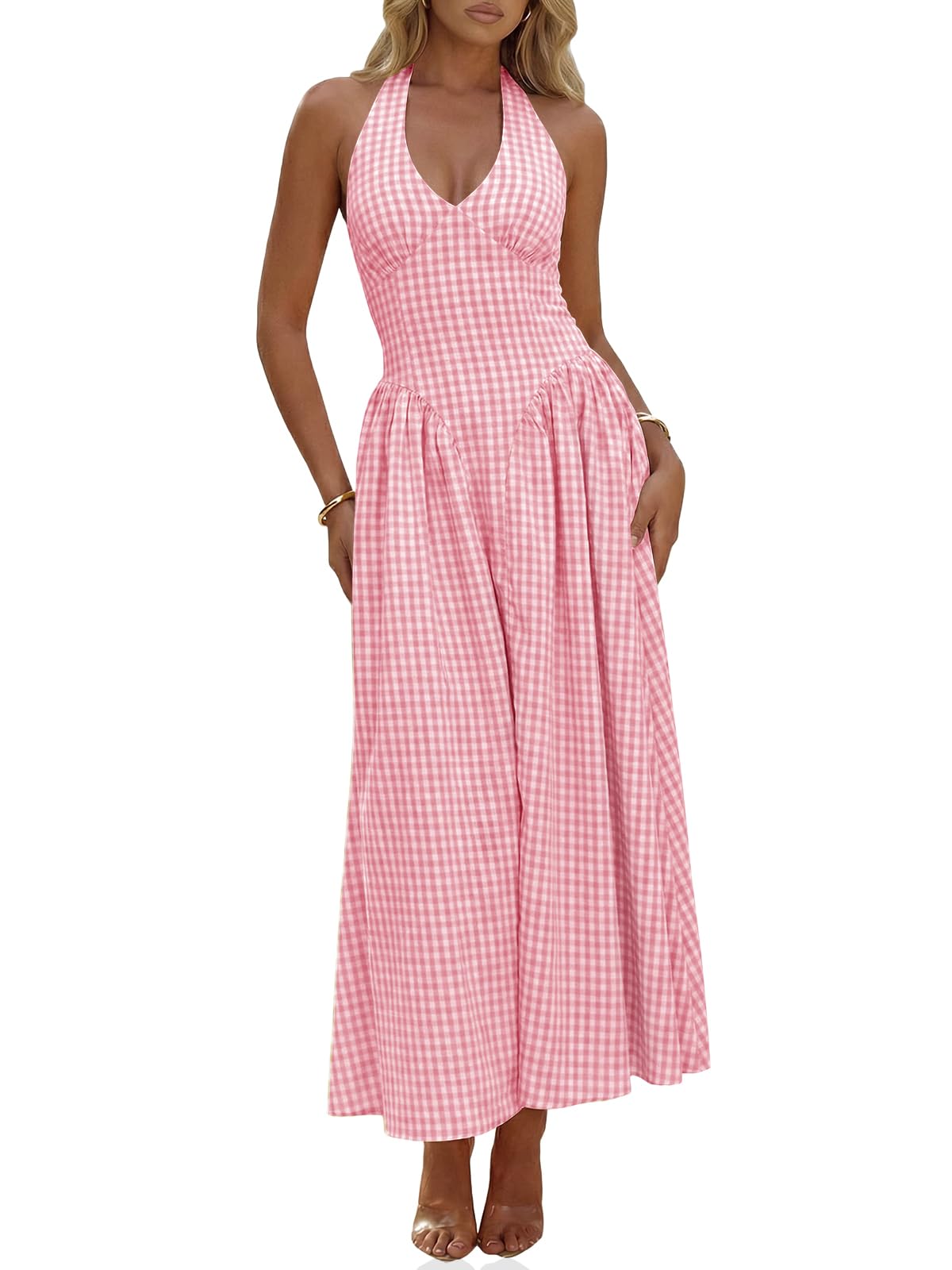 Wenrine Womens Halter V Neck Corset Maxi Dresses Summer Plaid Smocked Dress | Tie Back, Backless, Wedding Guest, Drop Waist, Sleeveless, Gingham, Pleated, Long dress with Pockets
