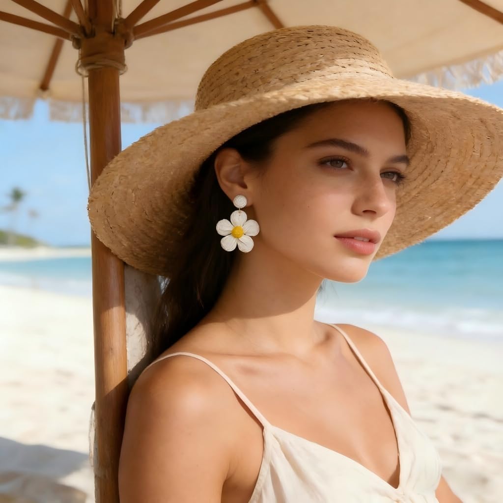 Rattan Earrings for Women Statement Boho Raffia Straw Wrapped Flower Drop Dangle Earrings Summer Tropical Beach Jewelry