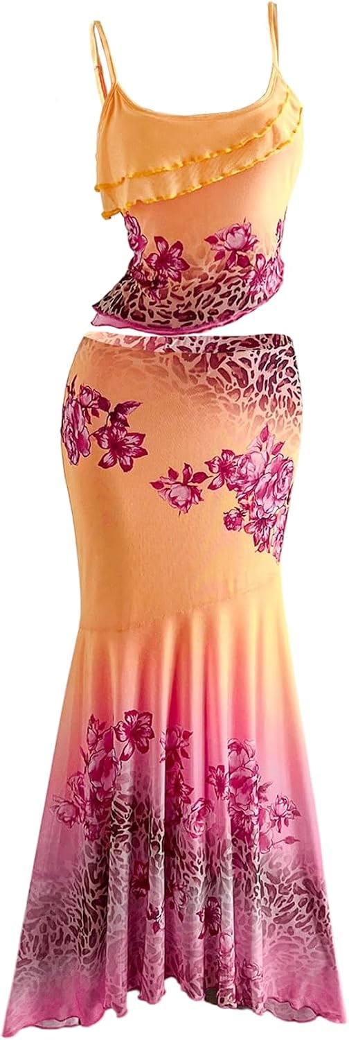 Verdusa Women's Skirt Sets 2 Piece Outfits Cami Top and Maxi Skirt Beach Vacation Spring Break