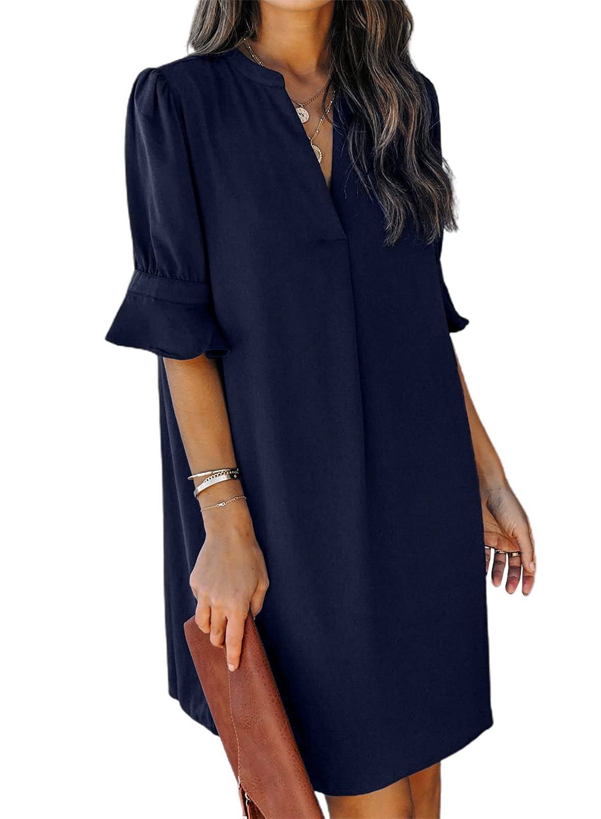 QACOHU Womens Summer Casual V Neck Shift Mini Dress | Flowy Swing Basic Dress, Ruffle Short Sleeve, Floral Boho Style, Wedding Guest Daily Work Clothes, Beach Vacation Outfits