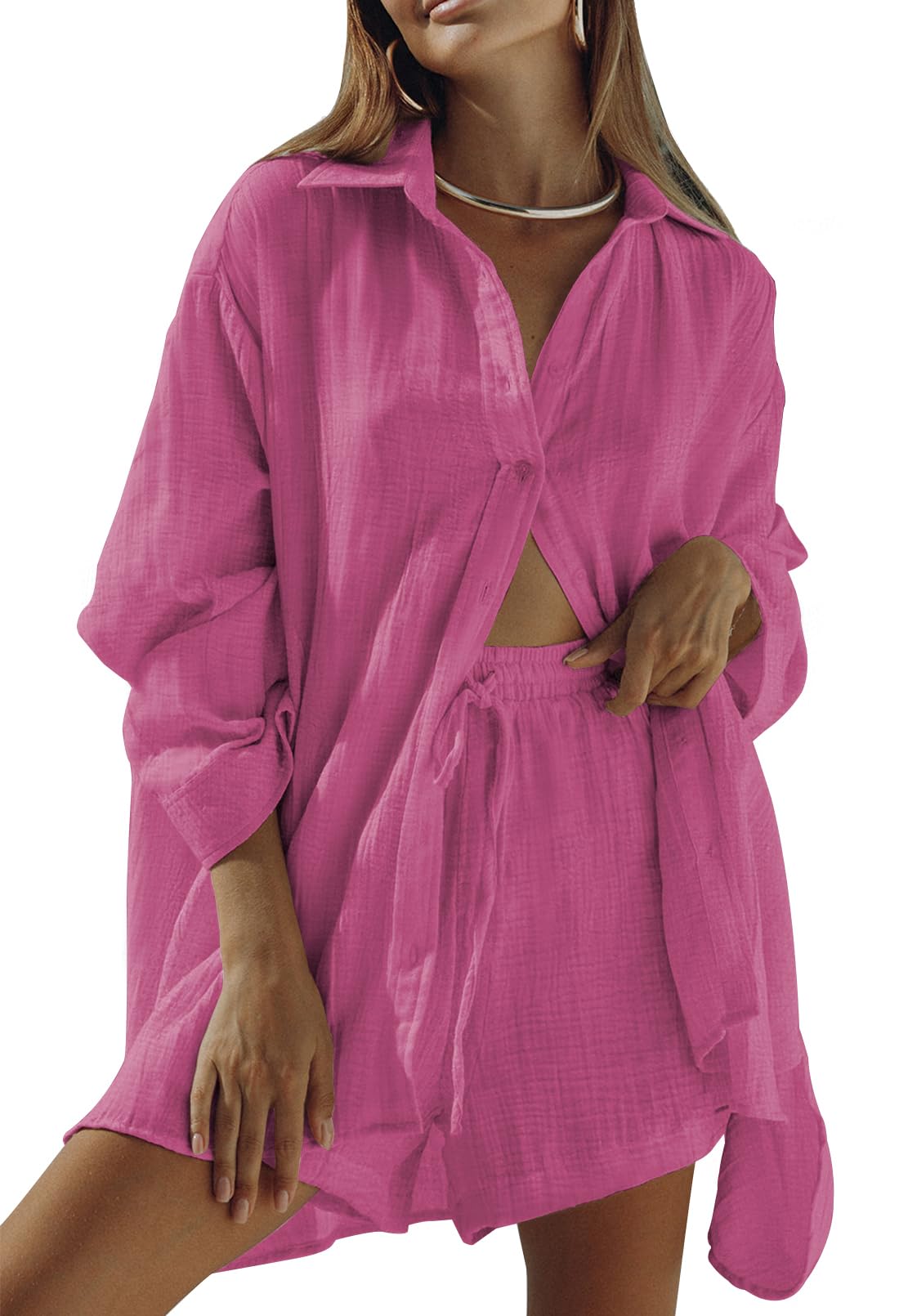 Fixmatti Women 2 Piece Outfits Long Sleeve Button Down Blouse and Shorts Sweatsuit Sets