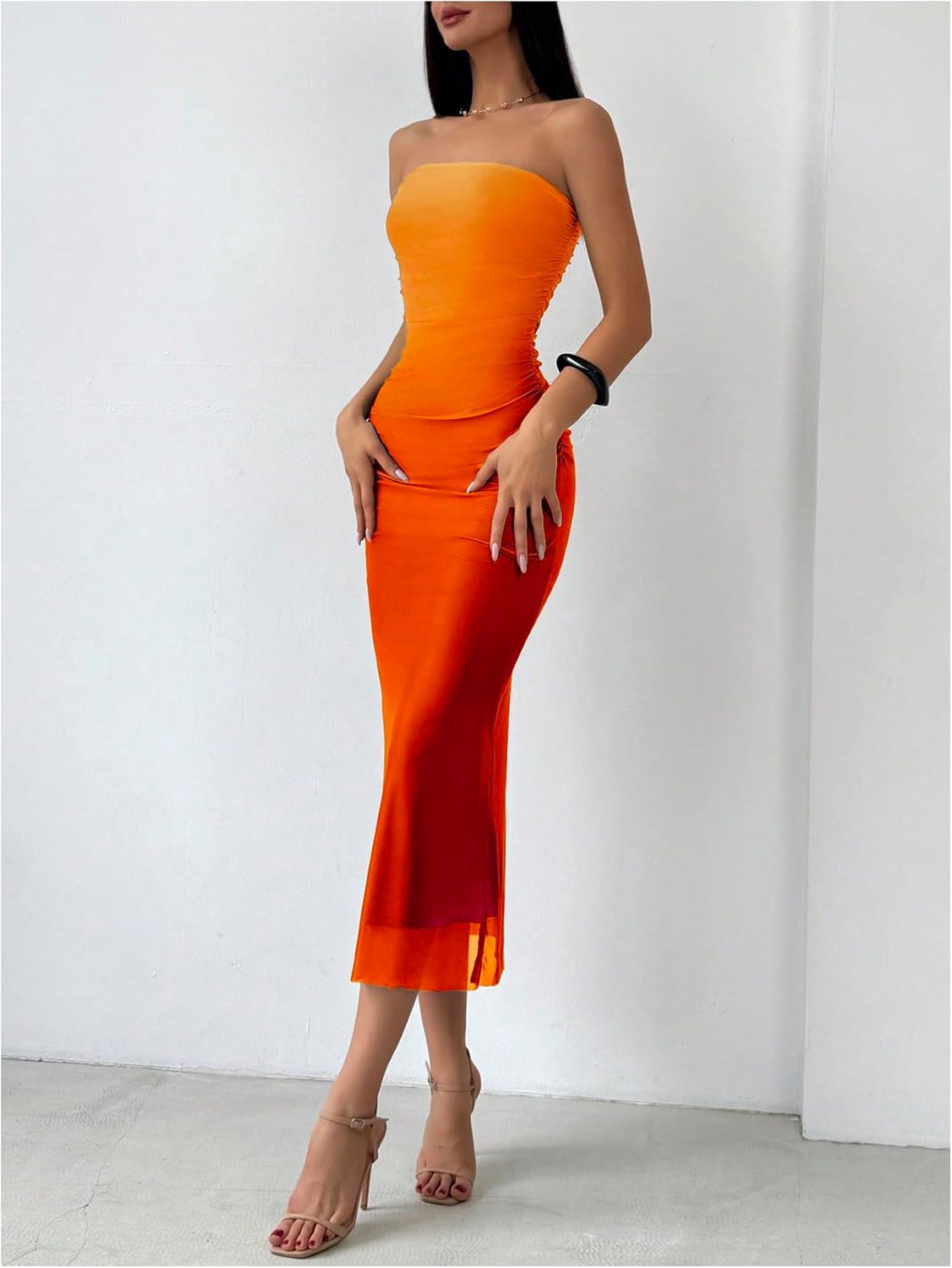 GORGLITTER Women's Sunset Ombre Strapless Cocktail Bridal Shower Midi Dress | Orange Wedding Guest Dress, Mesh Tube Dresses, Bridesmaid Sundresses, Vacation Beach Outfits