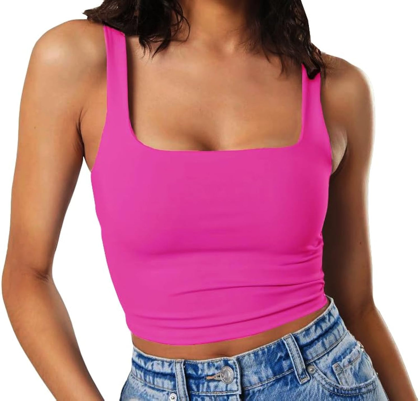 Artfish Women's Sleeveless Strappy Tank Square Neck Double Layer Workout Fitness Casual Basic Crop Tops