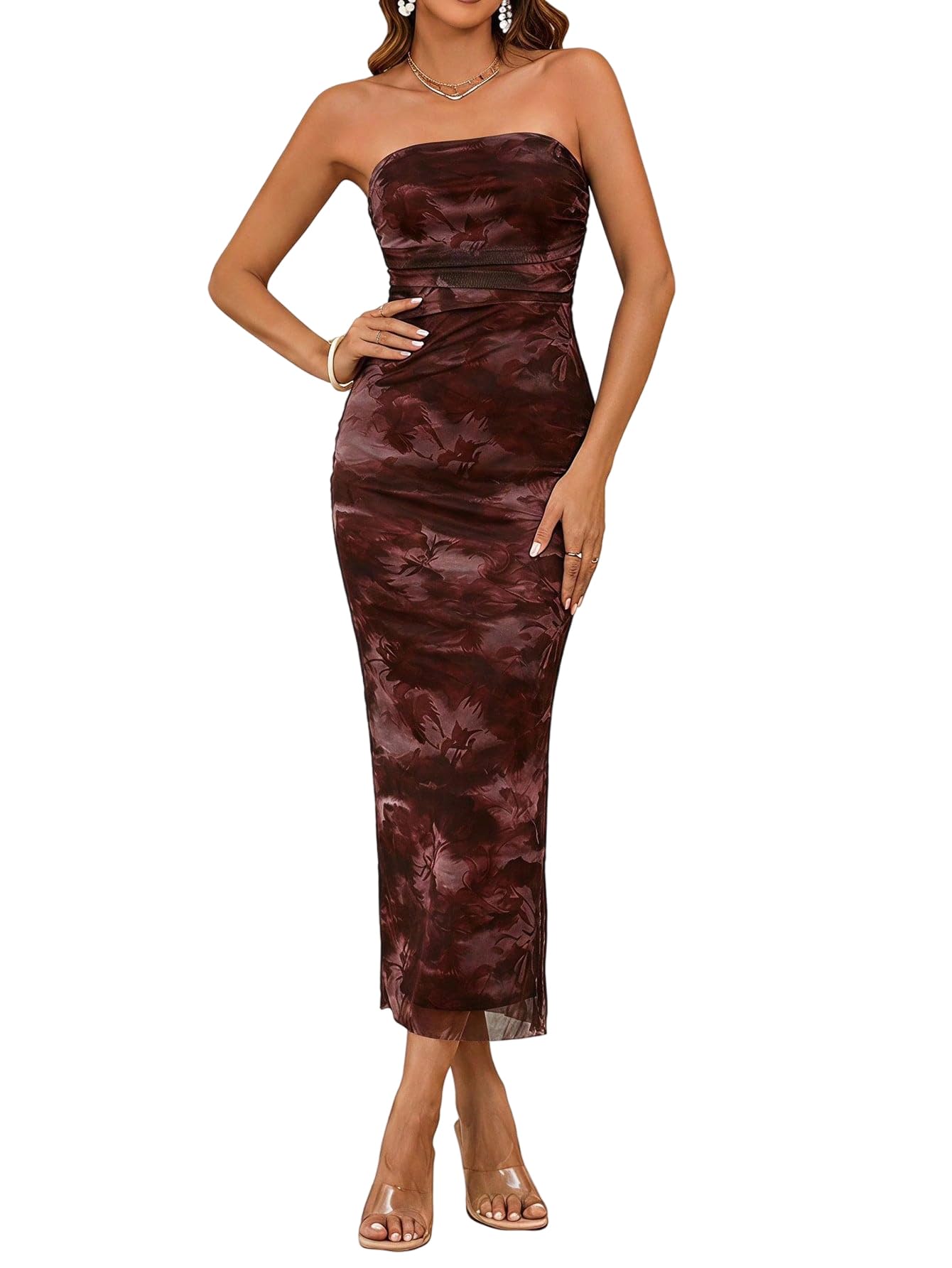 Milumia Women's 2026 Summer Floral Strapeless Tube Top Dresses Side Slit Wedding Guest Bodycon Maxi Dress