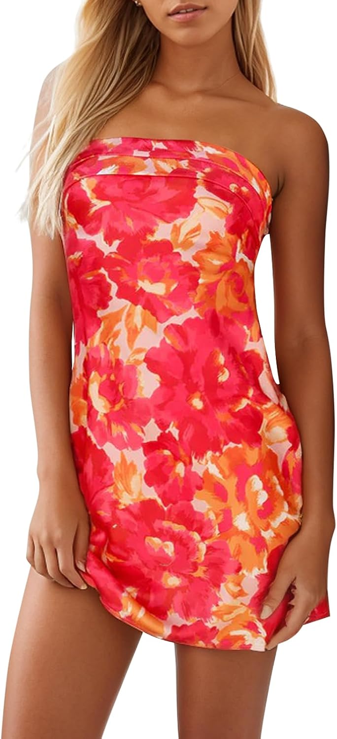 Women's Sexy Tube Dress Summer Y2K Floral Print Strapless Bodycon Mini Dress Date Night Party Club Bandeau Short Dresses