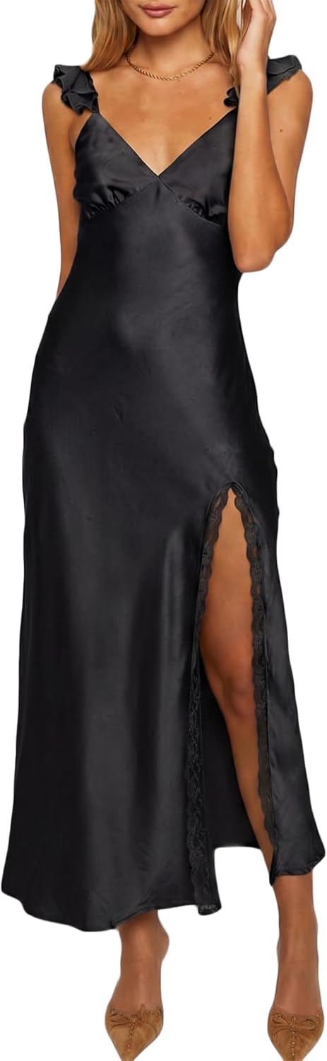 KOUNAI Women's Satin Summer Lace Slit Formal Midi Dress for Wedding Guest | Silk,Elegant,Ruffle Sleeve,Cocktail,Bridesmaid, Beach, Vacation,Party,Adjustable Straps,Graduation,Baby Showe,Engagement