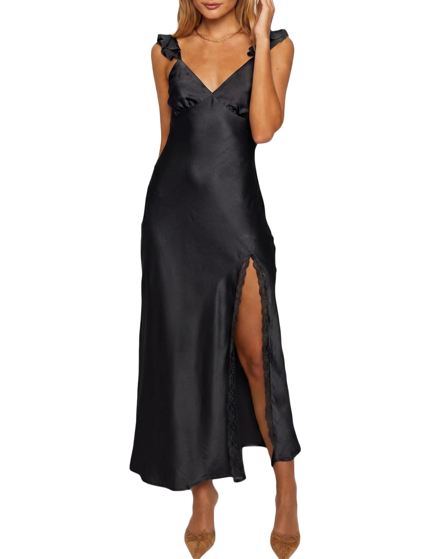 KOUNAI Women's Satin Summer Lace Slit Formal Midi Dress for Wedding Guest | Silk,Elegant,Ruffle Sleeve,Cocktail,Bridesmaid, Beach, Vacation,Party,Adjustable Straps,Graduation,Baby Showe,Engagement