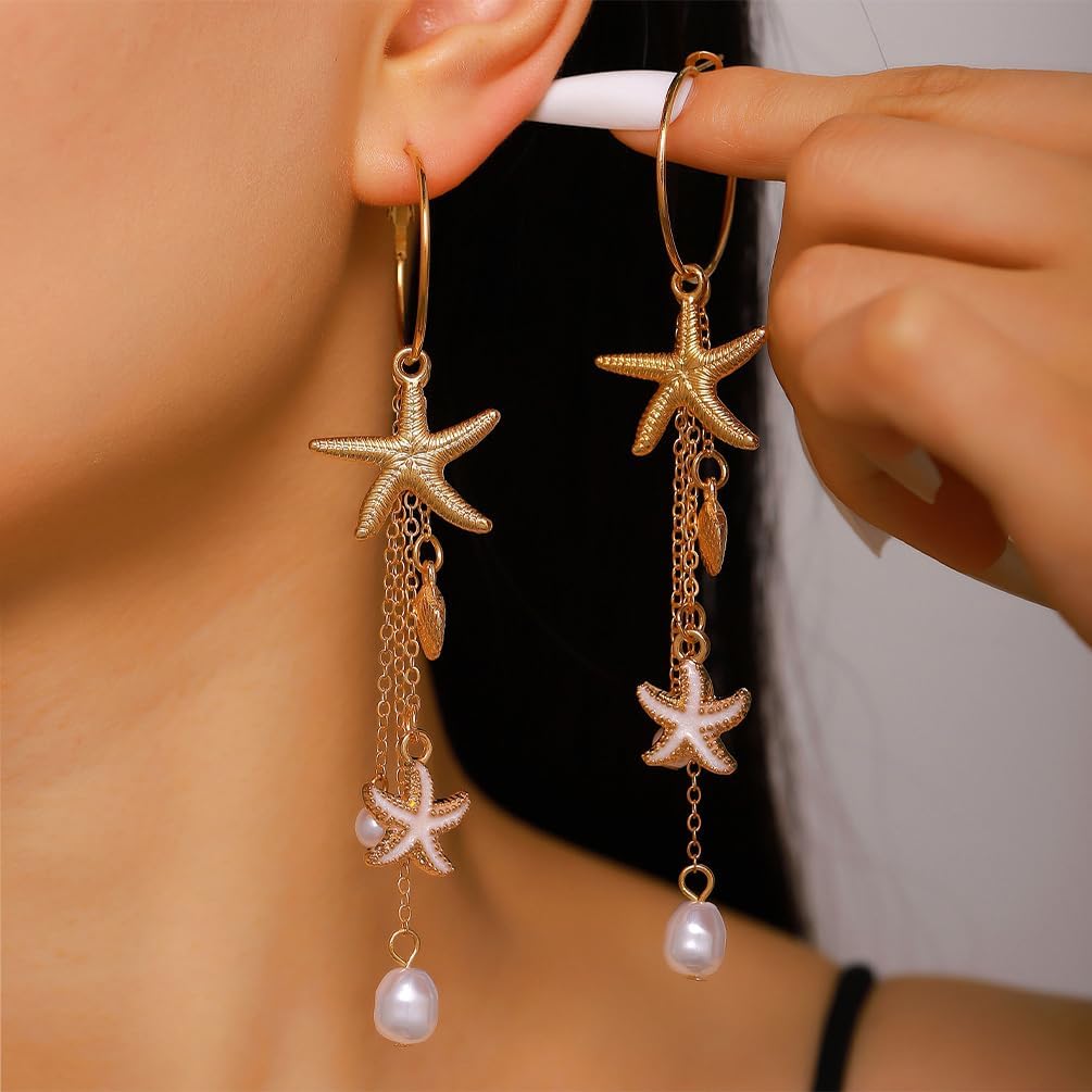 Beach Gold Seashell Shell Starfish Drop Dangly Earrings for Women Stylish | Boho Sea Shell Conch Pearl Enamel Star Dangling Beachy Earring, Beach Jewelry Vacation Holiday Accessories for Women Trendy