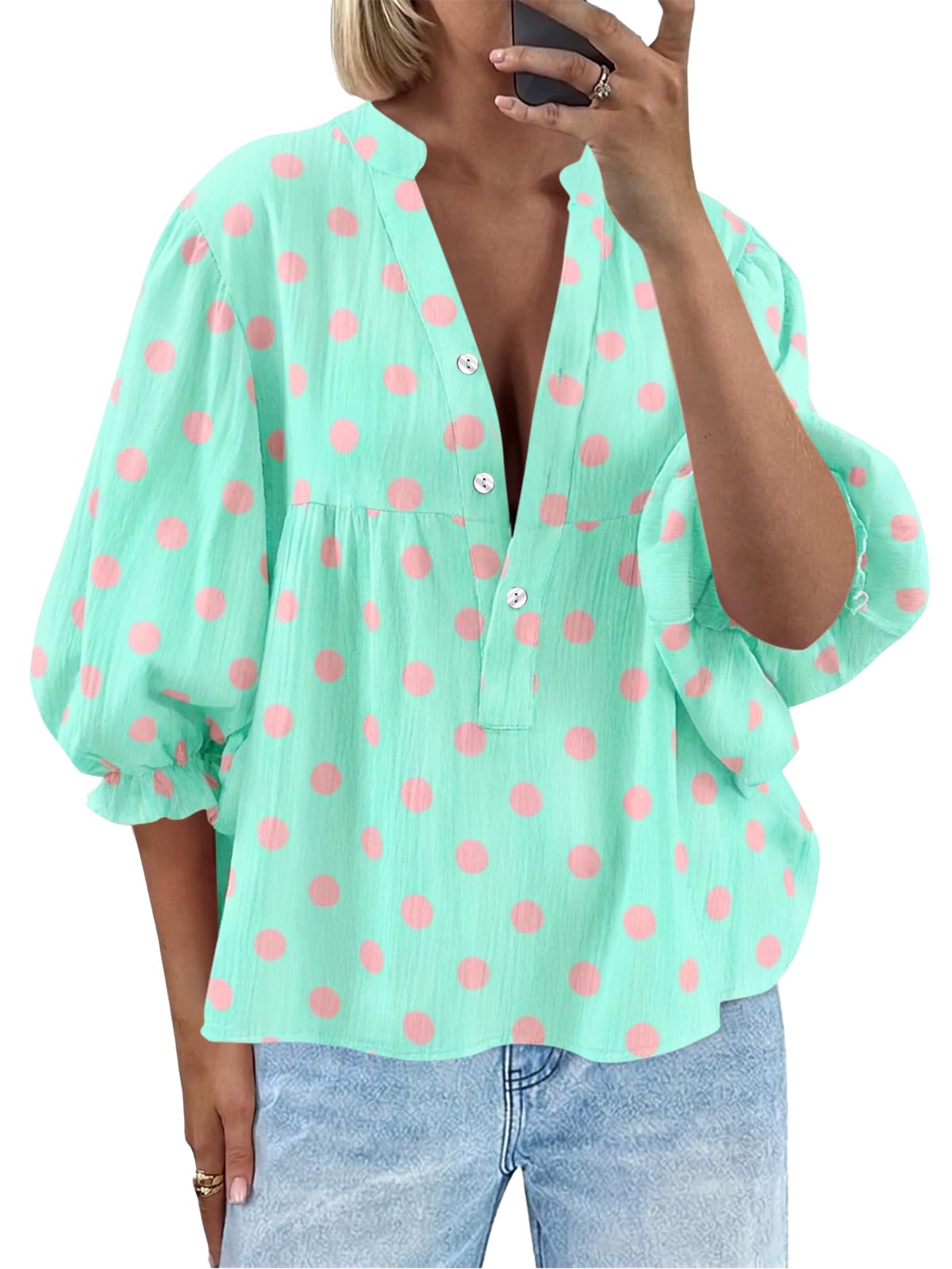 Tankaneo Womens Puff Sleeve Summer Babydoll Tops Cute V Neck Striped Blouse | Casual, Loose Fit, Flowy Shirts, Button, Boho, Work, Dressy, Peplum Blouses