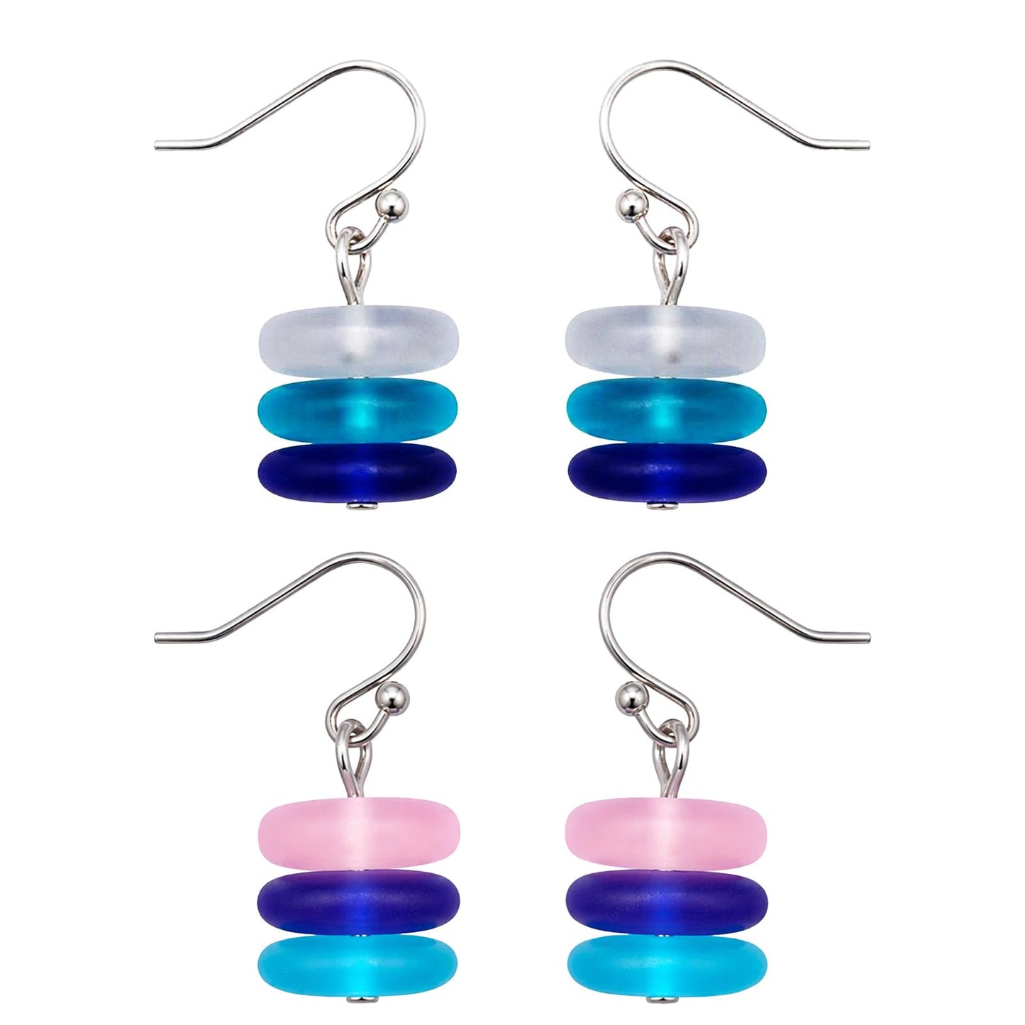 1 Pair Sea Glass Drop Dangle Earrings, Blue White Three Layer Gradient Handmade Sea Glass Jewelry for Women Beach Coastal Vacation