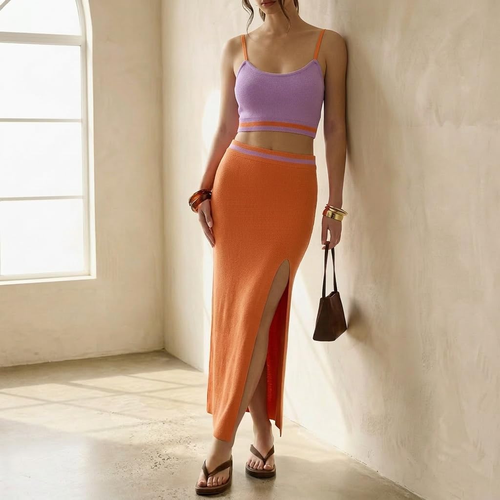 Skirt Sets Women 2 Piece Outfits Dressy Summer Knit Cami Top High Slit Skirt Set for Vacation Brunch and Going Out