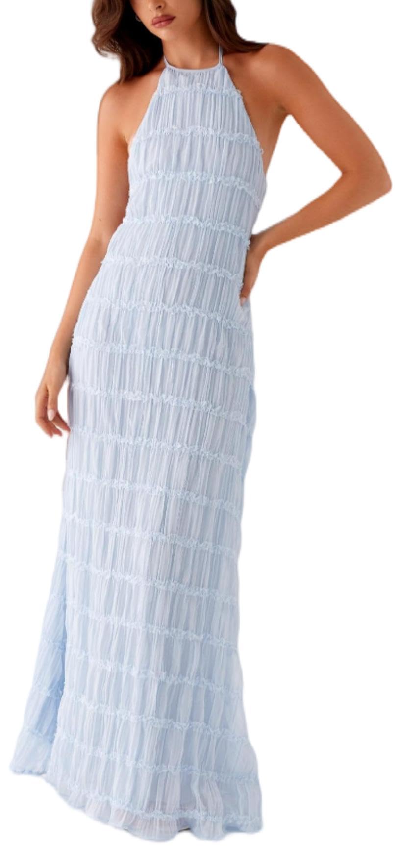 Women Halter Flowy Vacation Long Dress Sexy Sheer Ruched Backless Dress Y2k Sleeveless Beach Tiered Maxi Sundresses
