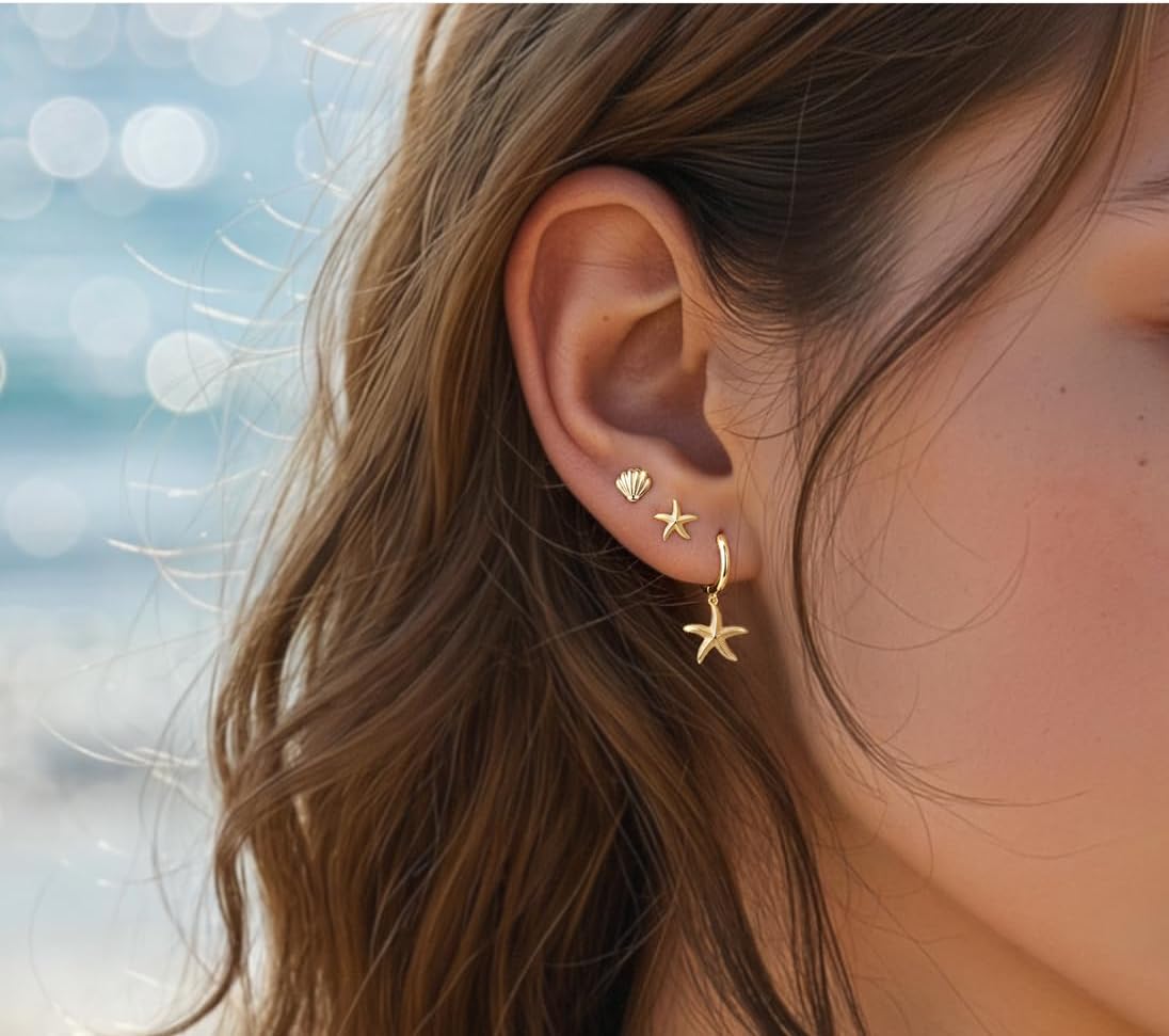 14K Gold Planted Seashell Starfish Stud dangle Earrings for Women, Summer Beach Hoop Earrings for Multiple Piercing Cartilage, Dainty Trendy Dangling Earring 3 Pairs Set Vacation Ocean Outfits Accessories Jewelry