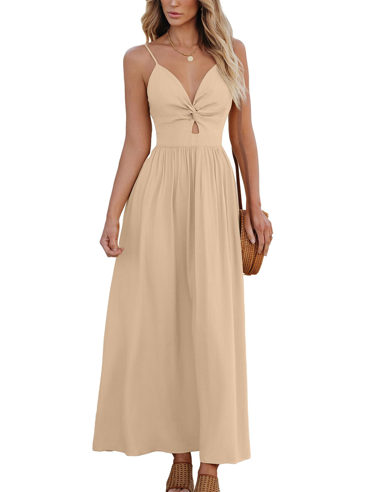 CUPSHE Women's V Neck Twisted Pleated Cutout Backless Formal Maxi Dress | Sleeveless, Self Tie Back, Adjustable Spaghetti Straps, Open Back, Casual Flowy Long Skirt, Summer Beach Resort Sundress
