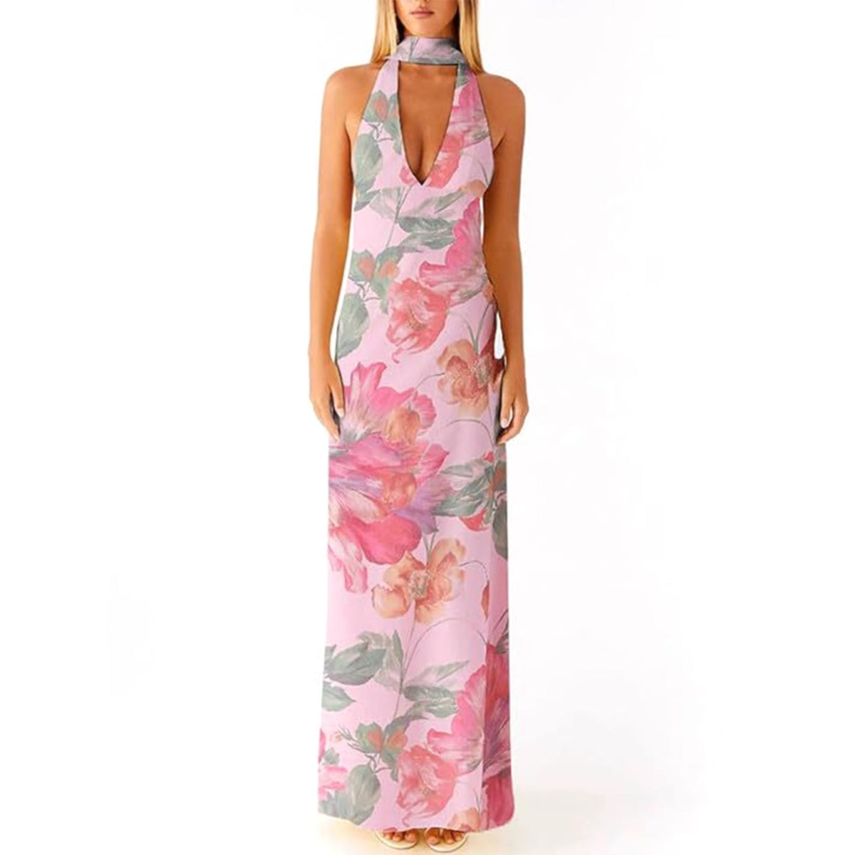 Floral Maxi Dress, Halter Dresses for Women, Deep V Neck Backless Bodycon Long Dresses