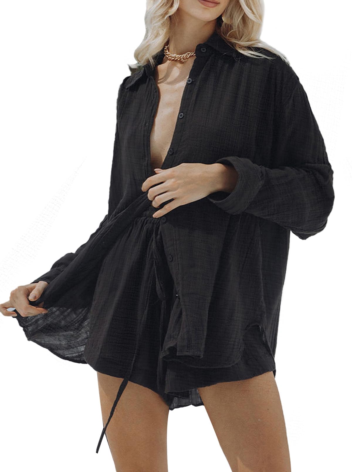 Fixmatti Women 2 Piece Outfits Long Sleeve Button Down Blouse and Shorts Sweatsuit Sets
