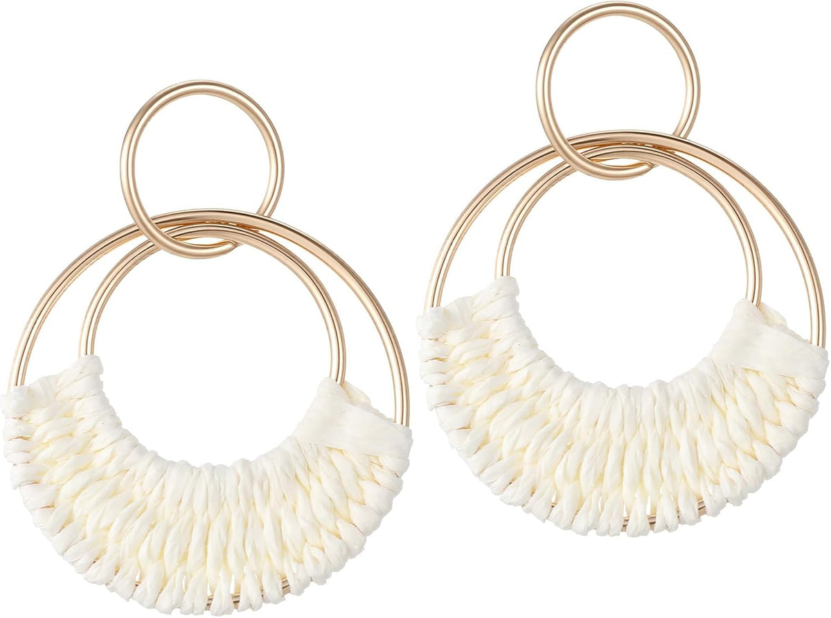 Handmade Raffia Hoop Earrings, Bohemian Rattan Round Drop Earrings | for Women, Lightweight Statement Straw Wicker Dangle Earring, for Summer Beach Vacation Party, Boho Jewelry