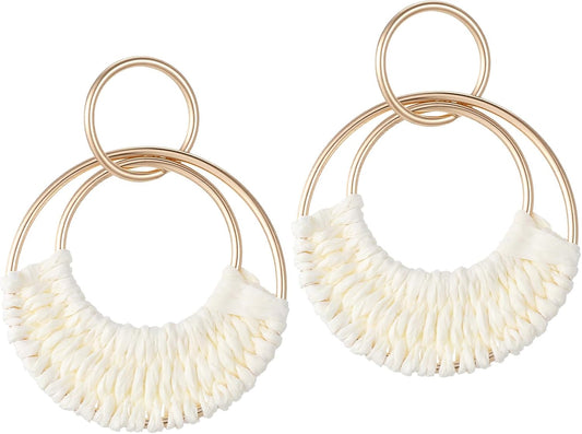 Handmade Raffia Hoop Earrings, Bohemian Rattan Round Drop Earrings | for Women, Lightweight Statement Straw Wicker Dangle Earring, for Summer Beach Vacation Party, Boho Jewelry
