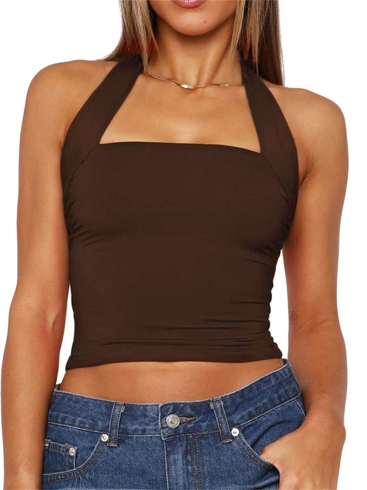 TiulZial Women Sexy Halter Neck Backless Tank Top Open Back Sleeveless Slim Fit Y2k Summer Tops