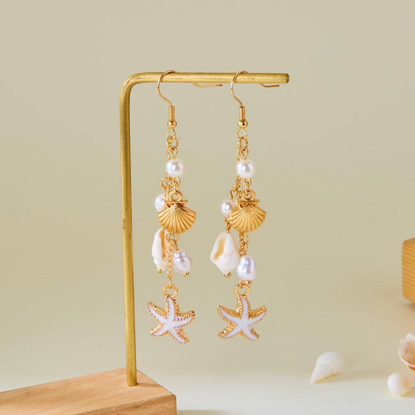 Gold Starfish Shell Dangle Drop Earrings, Beach Jewelry for Women, Summer Boho Beachy Vacation Accessories