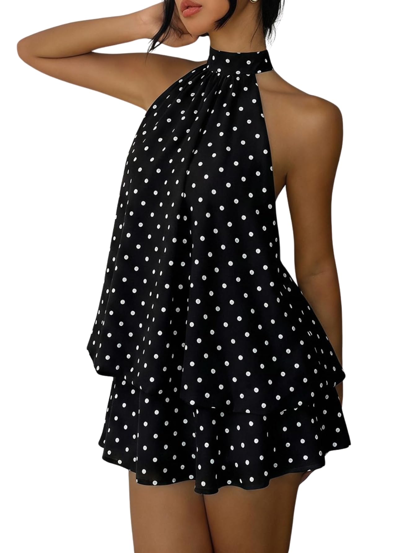 Verdusa Women's Chiffon Halter Drop Waist Flowy Wedding Guest Mini Dresses | Sleeveless, Ruffle Hem, Loose Fit, Brunch Outfits, Birthday, Going Out, Cocktail, Y2k