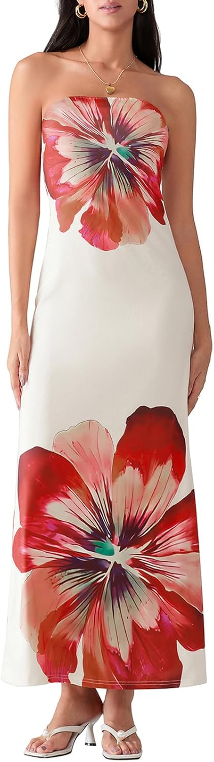 Women Strapless Floral Dress Bodycon Tube Printed Sleeveless Mesh Long Party Boho Beach Flowy Summer Maxi Dress