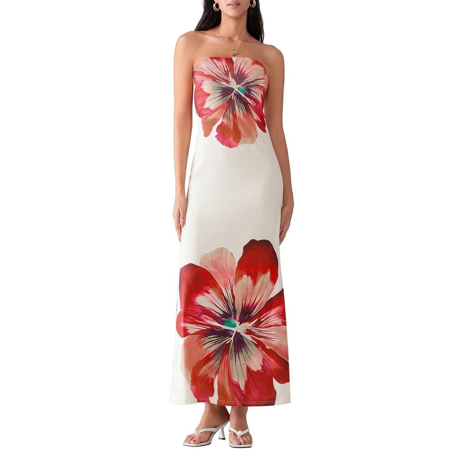 Women Strapless Floral Dress Bodycon Tube Printed Sleeveless Mesh Long Party Boho Beach Flowy Summer Maxi Dress