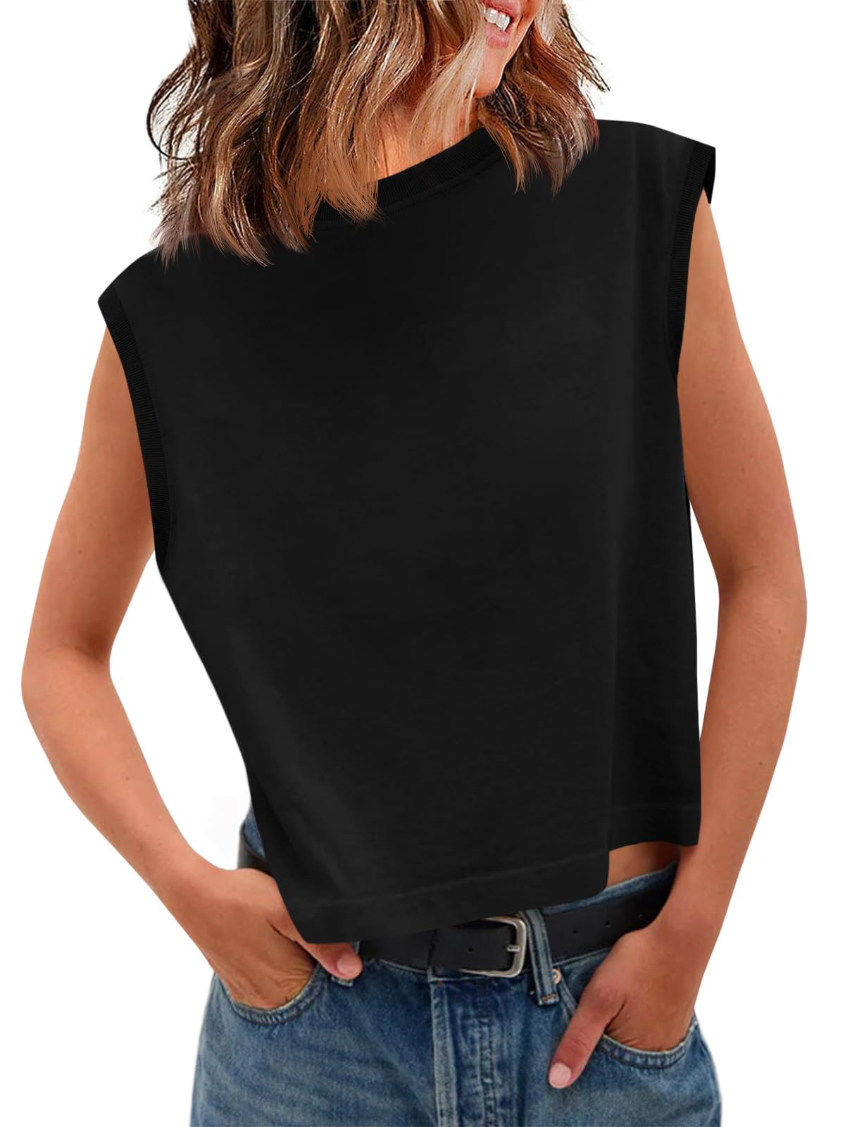 Tankaneo Womens Cropped Cap Sleeve Tank Tops Summer Basic Tee Shirts | Muscle Tank, Crew Neck, Sleeveless Shirts, Loose Fit, Casual Trendy, Boxy