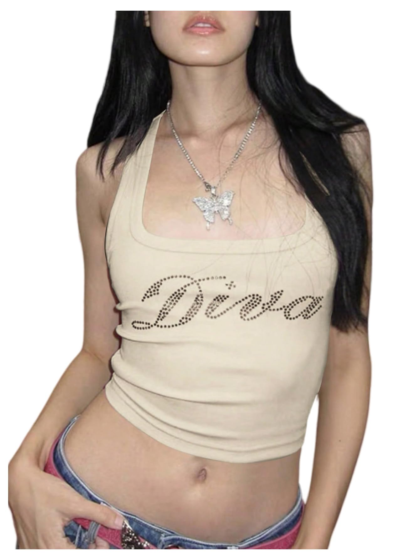 WDIRARA Women's Letter Rhinestone Crop Tank Top Y2k Rib Knit Tops | Racerback Square Neck Sleeveless